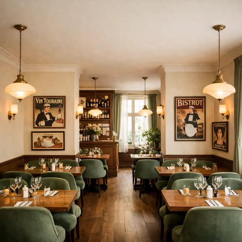 Intérieur chaleureux du Bistro Florentin avec tables en bois, chaises en velours vert sauge et affiches de bistro encadrées