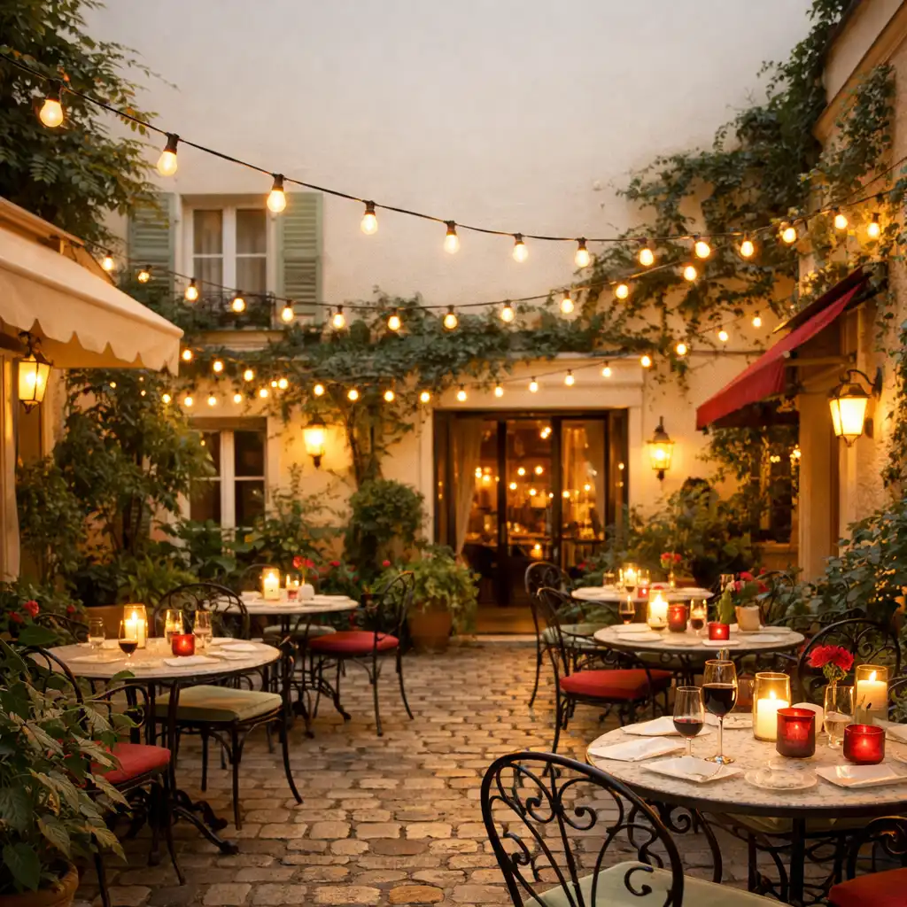 Cour intérieure du Bistro Florentin avec tables en fer forgé, plantes vertes et guirlandes lumineuses