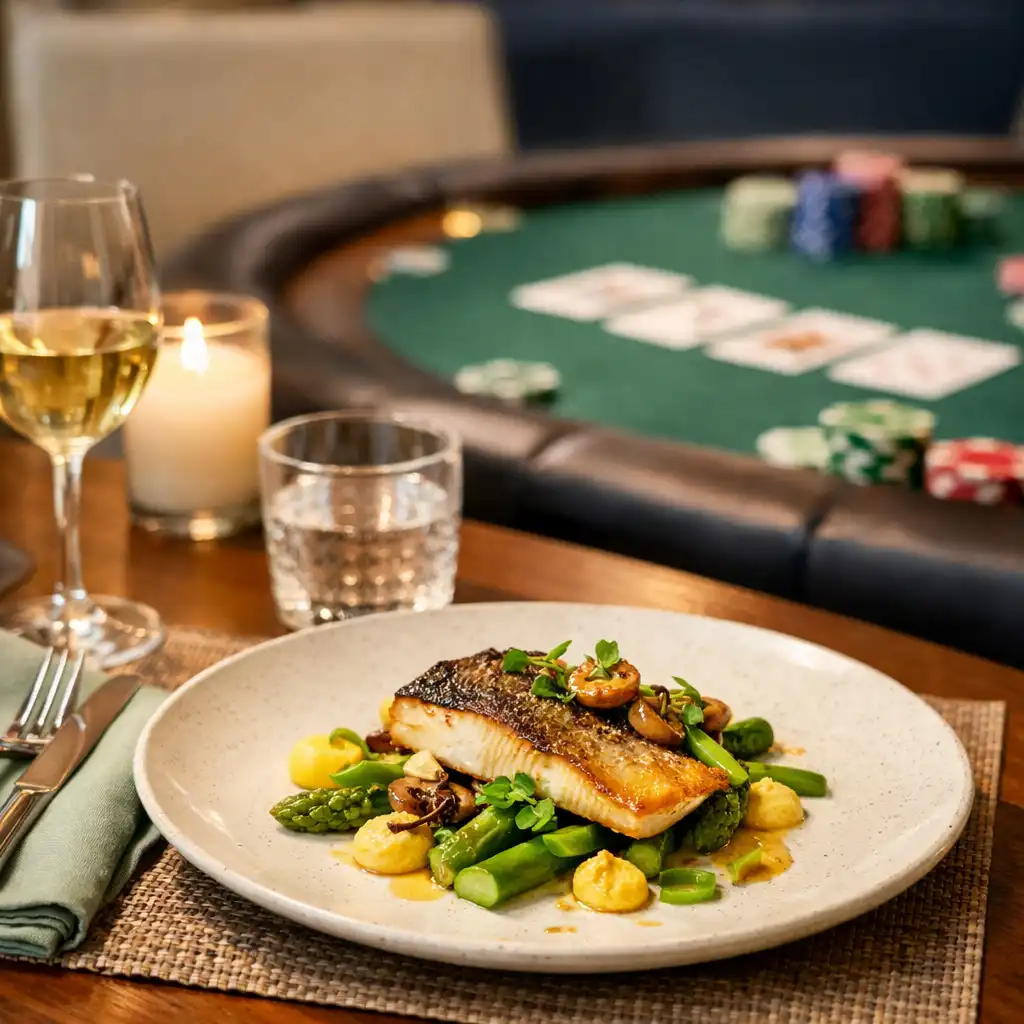 Table de restaurant dressée avec un plat gastronomique au premier plan et une table de poker en arrière-plan flou