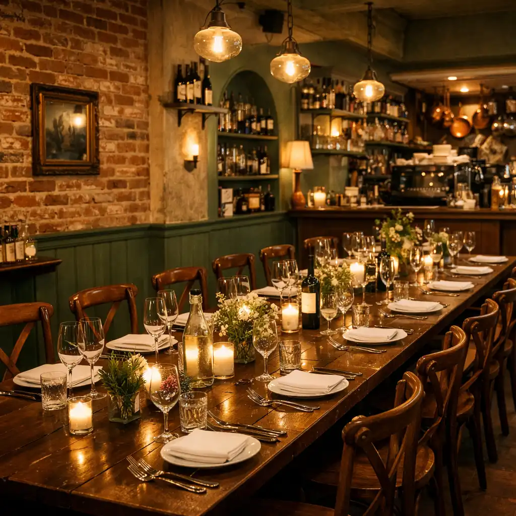 Longue table en bois dressée pour un dîner privé dans le bistro européen chaleureux