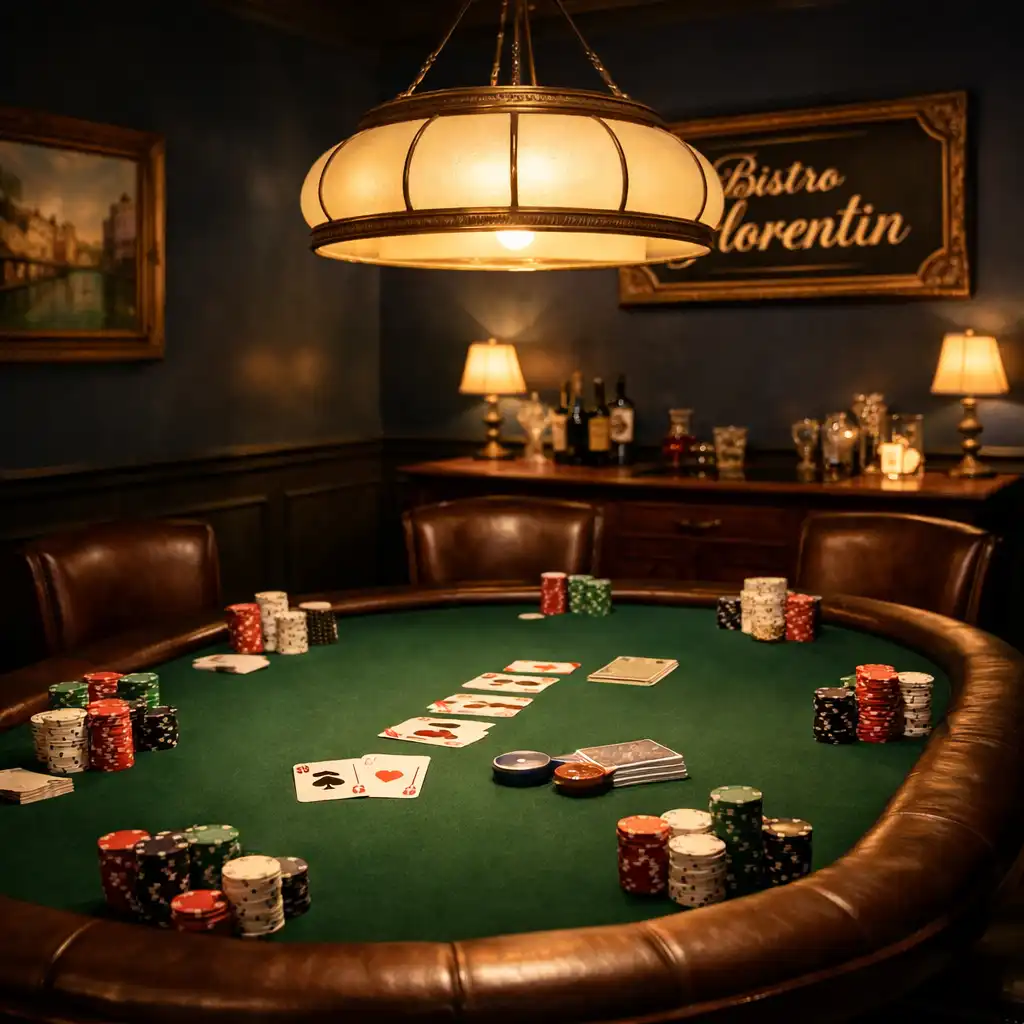 Table de poker ovale avec feutre vert, jetons et cartes dans le salon privé bleu nuit du Bistro Florentin
