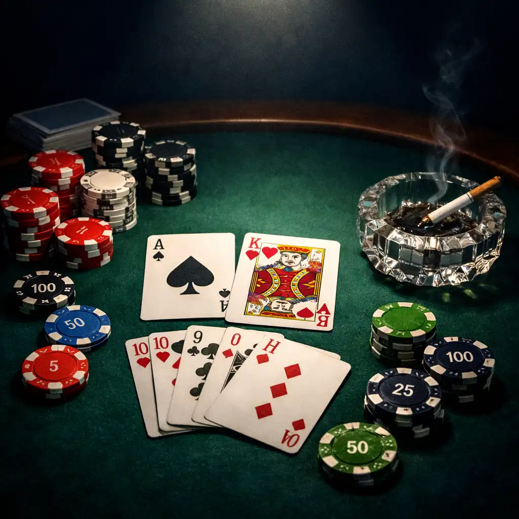 Détail d’une table de poker avec cartes à jouer et jetons sous un éclairage tamisé