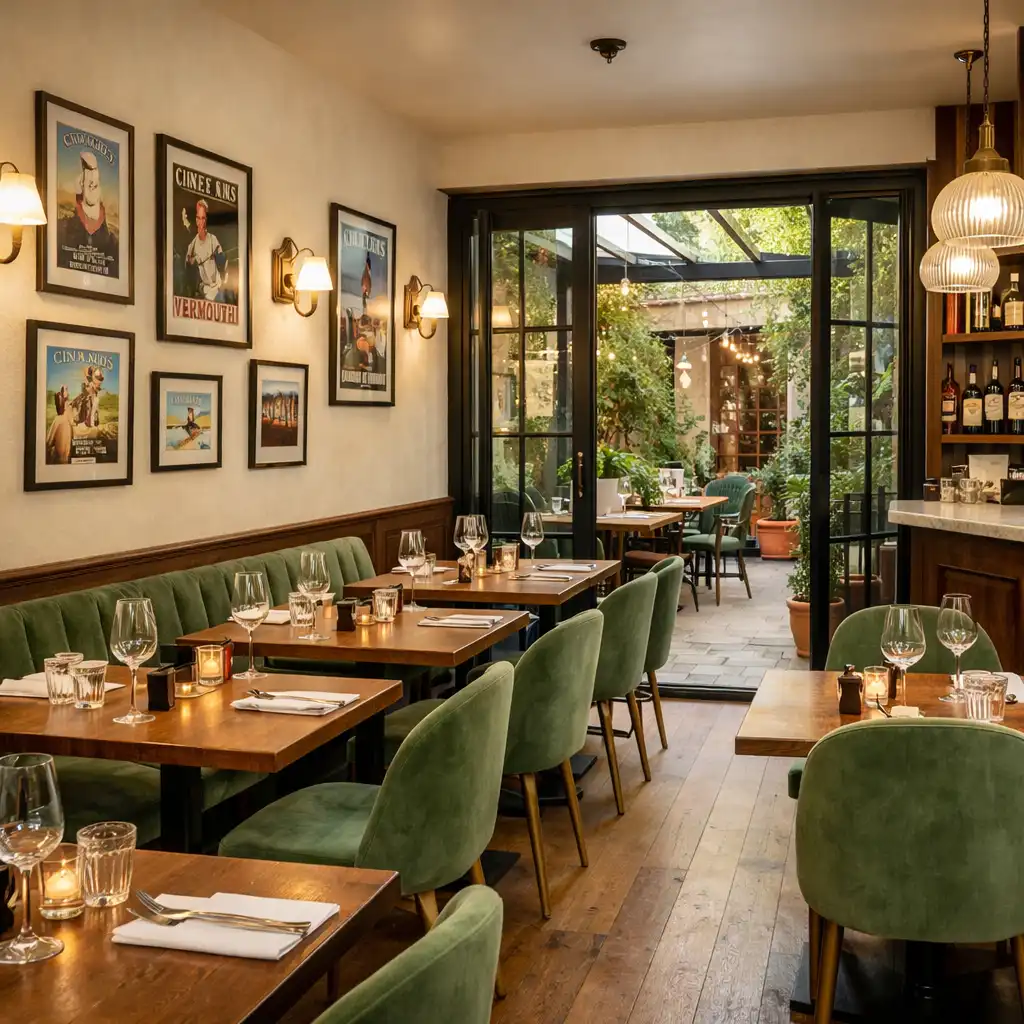 Salle à manger chaleureuse du Bistro Florentin avec tables en bois, chaises en velours vert sauge et cour intérieure visible
