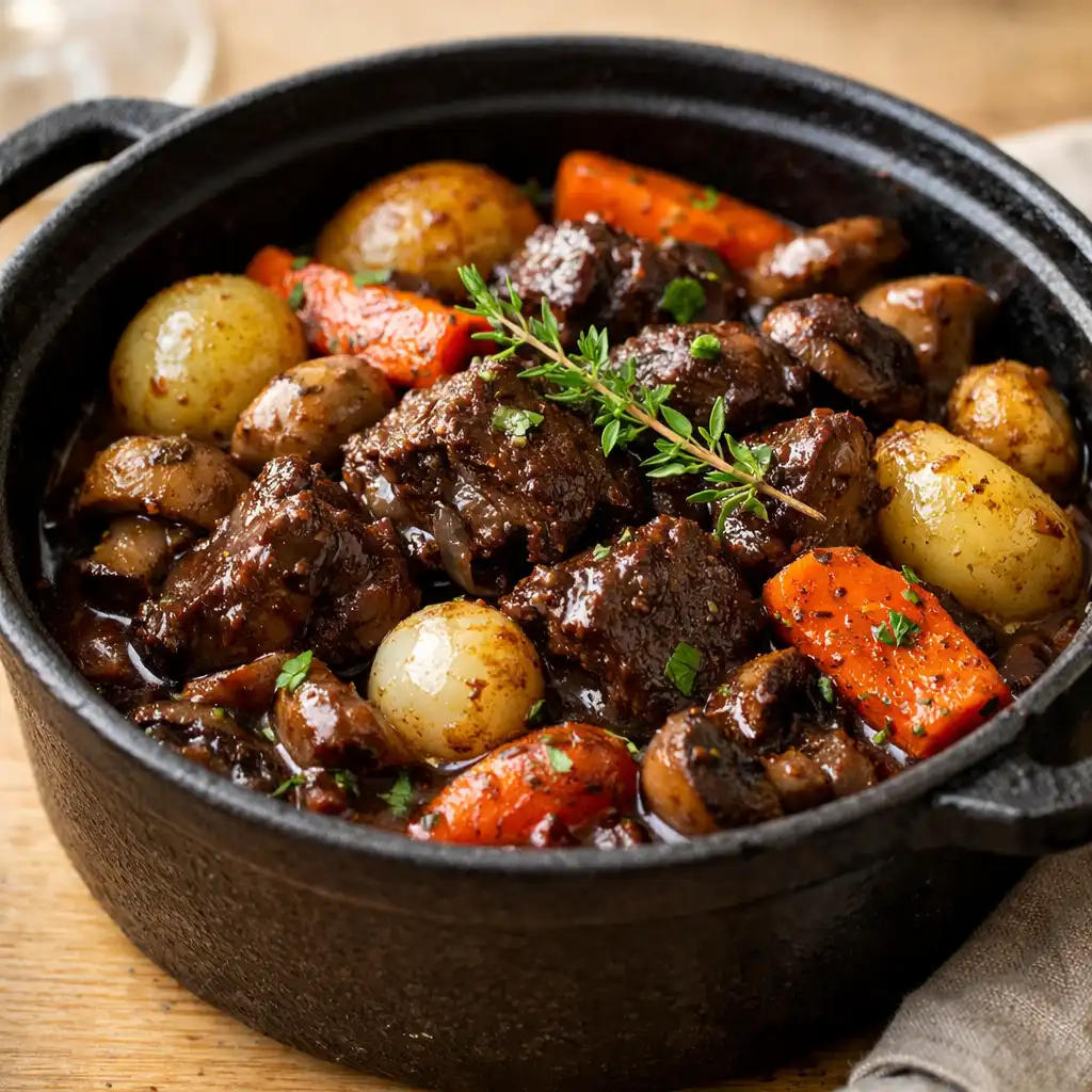 Plat de bistro européen dans une cocotte en fonte avec légumes rôtis et herbes fraîches