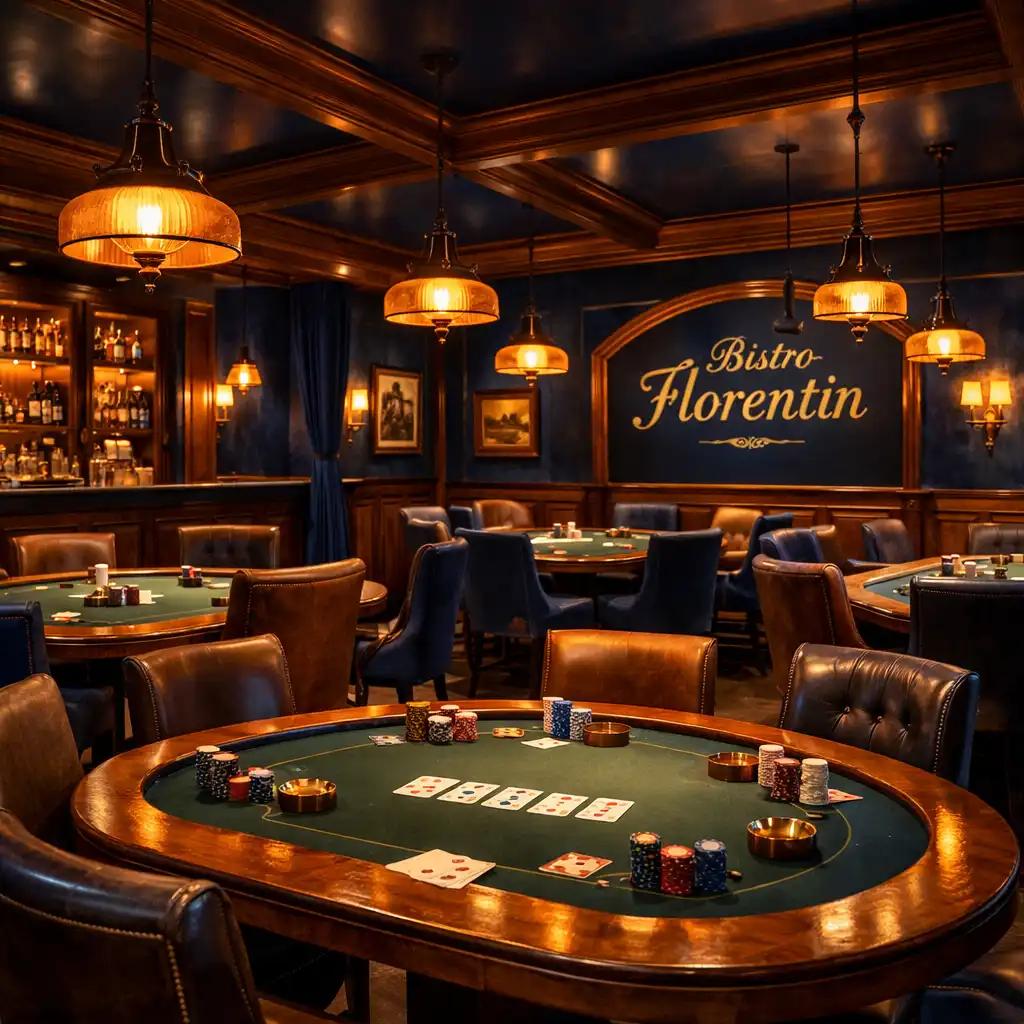 Salon de poker du Bistro Florentin avec tables en bois sombre, chaises confortables et éclairage tamisé