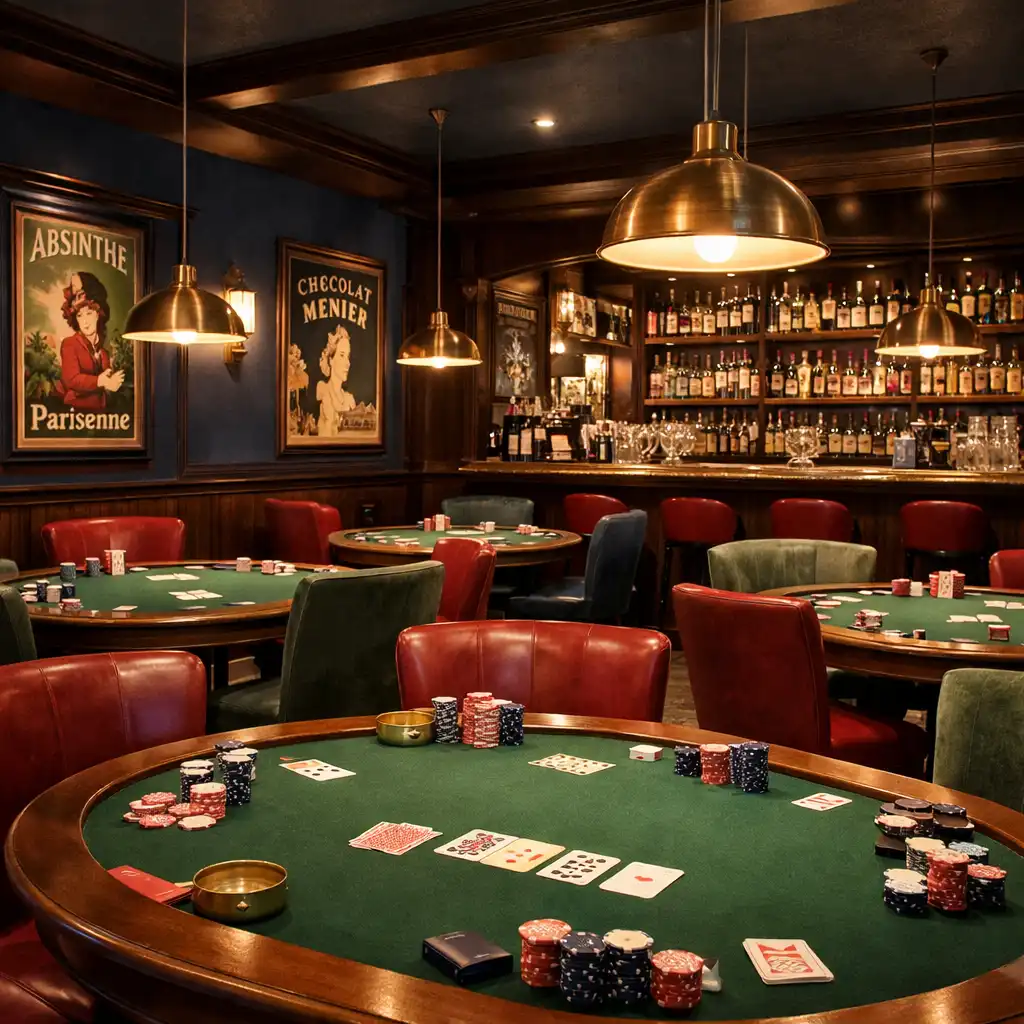 Vue d'ensemble du salon de poker privé avec tables en bois, chaises confortables et éclairage tamisé