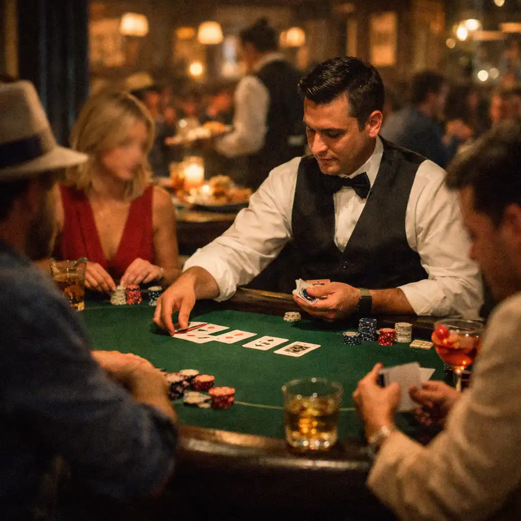 Scène de soirée poker avec joueurs adultes autour d'une table, dealer professionnel et cocktails