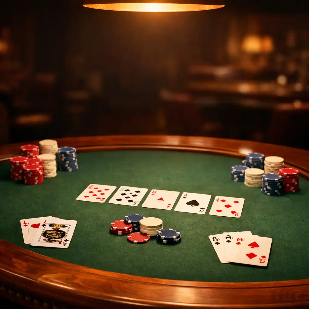 Table de poker en bois massif avec tapis vert, cartes et jetons sous une lumière chaleureuse