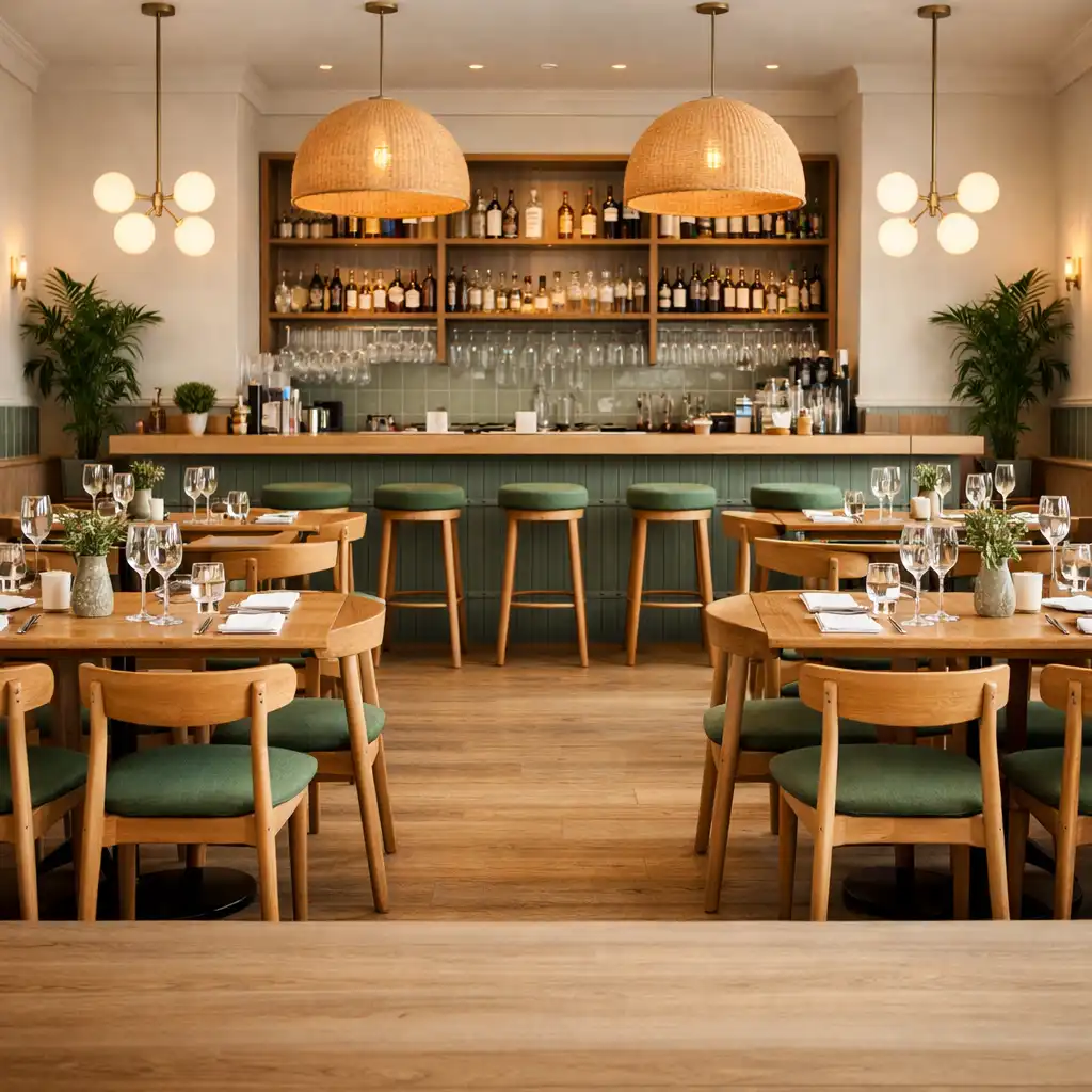 Salle de restaurant du Bistro Florentin avec tables dressées, chaises en bois et bar en arrière-plan