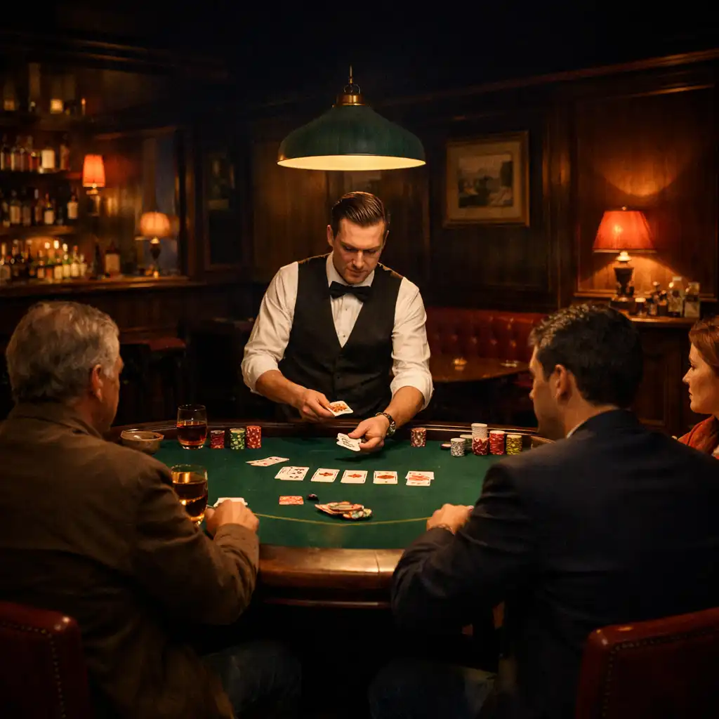 Salon de cartes privé du Bistro Florentin avec table de poker, dealer et joueurs dans une ambiance feutrée