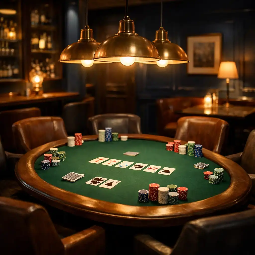 Salon de poker privé du Bistro Florentin avec table ovale, tapis vert, cartes et jetons sous une lumière chaude