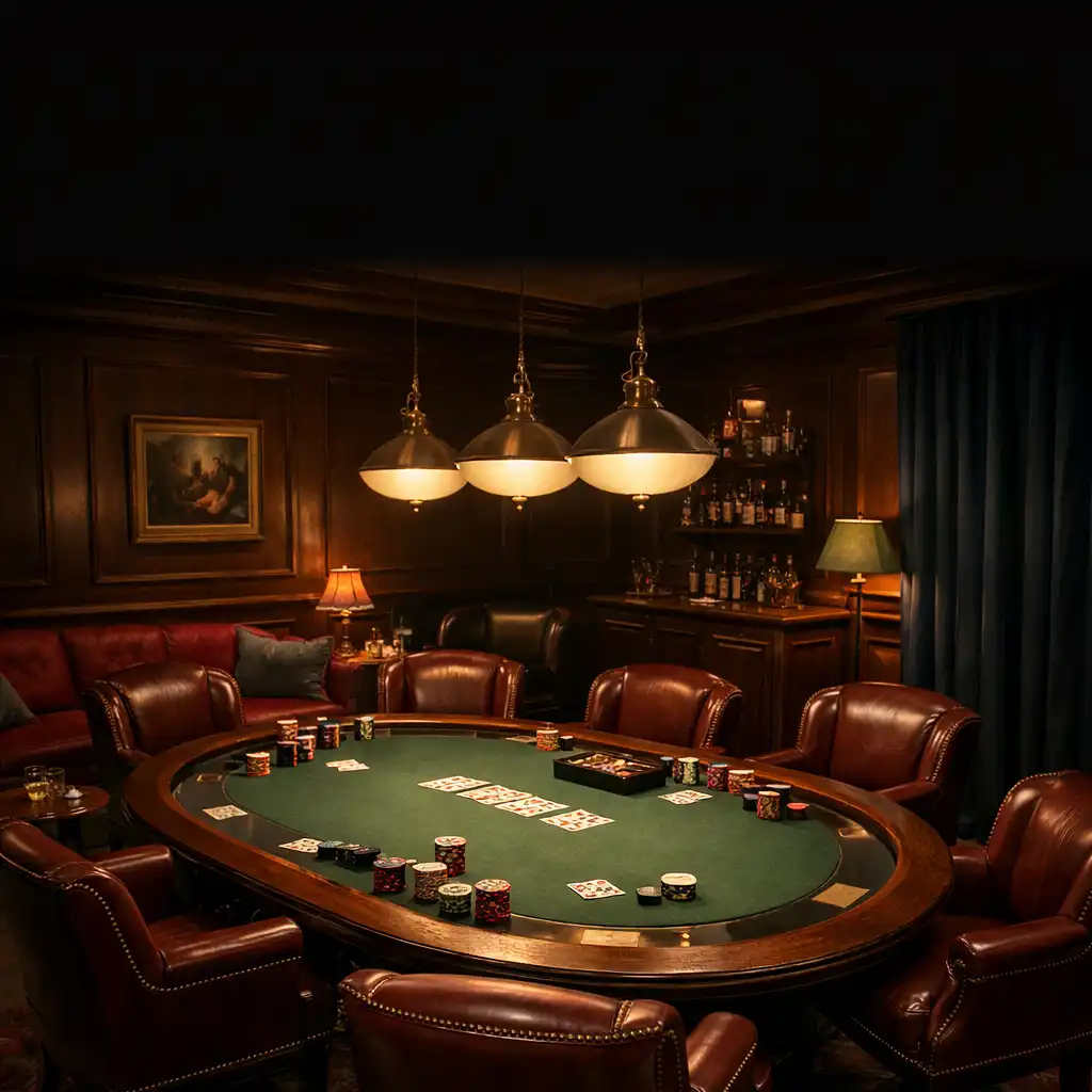 Salon de poker privé du Bistro Florentin avec table ovale, jetons et fauteuils en cuir