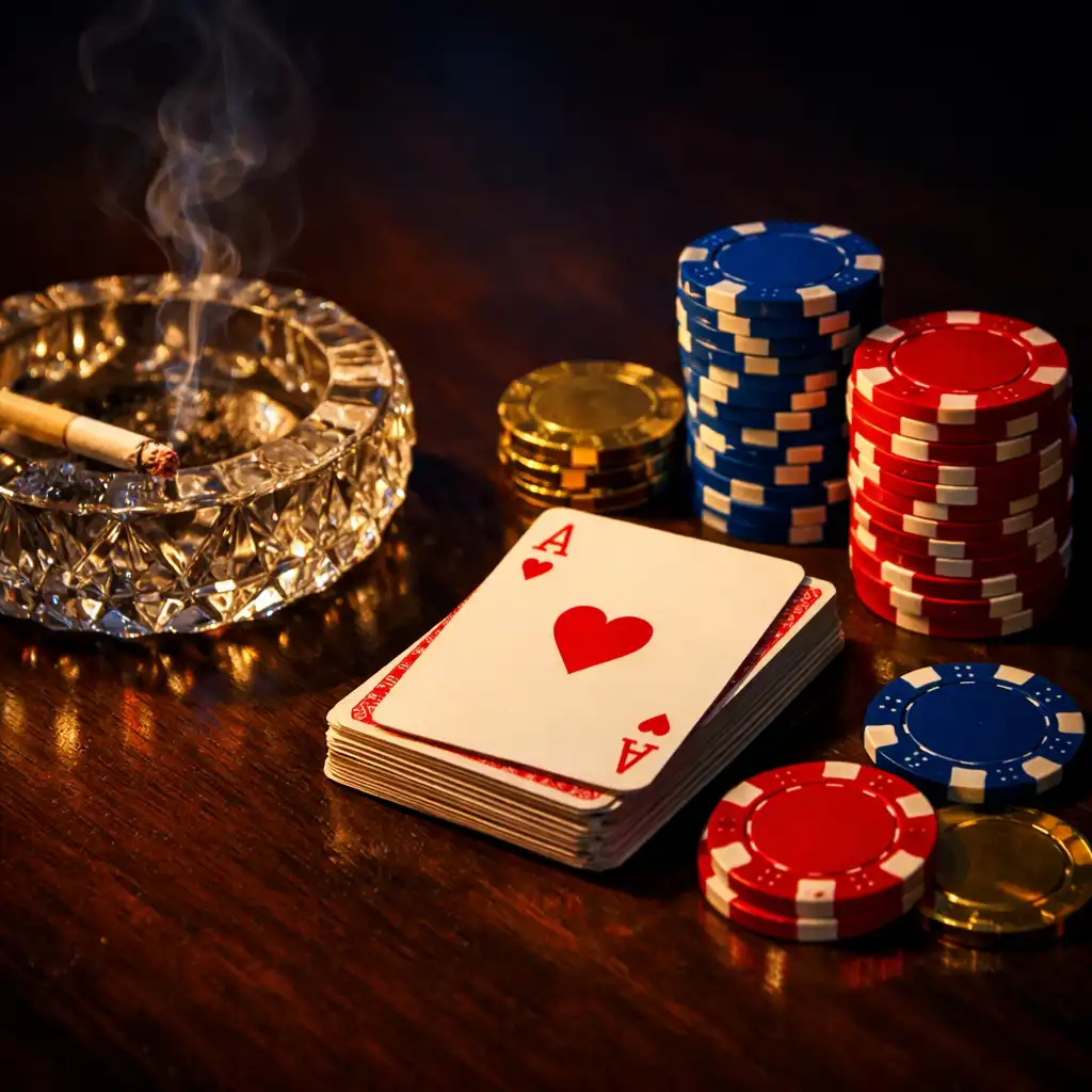 Détail du salon de cartes avec jeu de cartes, jetons empilés et cendrier en cristal sur table en bois sombre