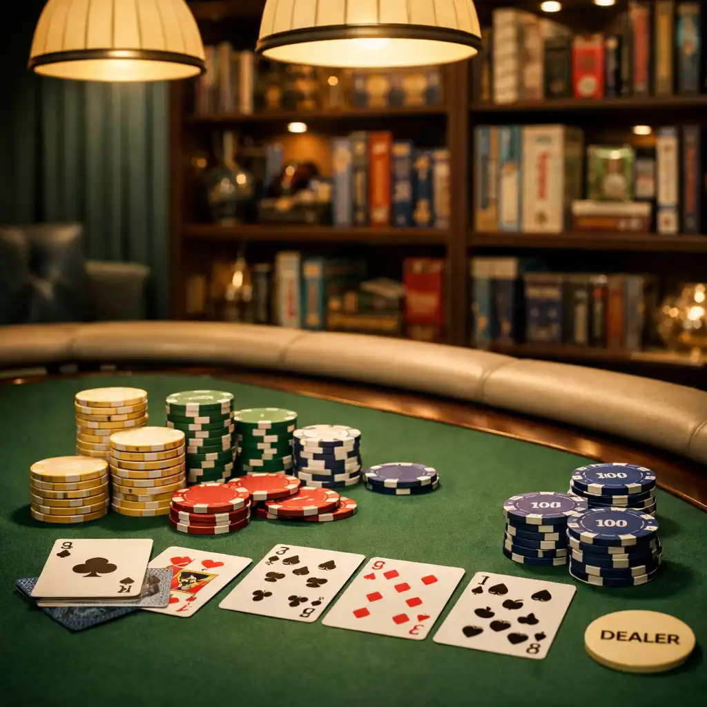 Gros plan sur l'intérieur du salon de poker avec jetons, cartes et bibliothèque en arrière-plan