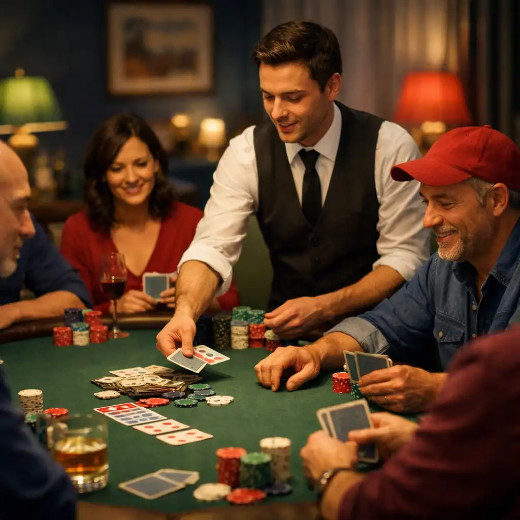 Scène d'une soirée poker en cours avec des joueurs autour d'une table et un dealer distribuant les cartes