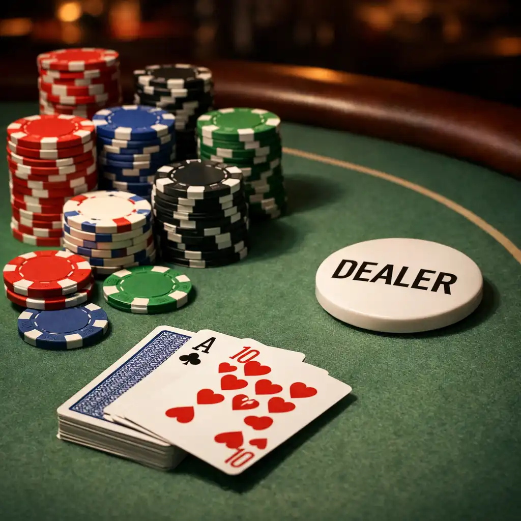 Vue rapprochée d'une table de poker professionnelle avec tapis vert sauge, jetons empilés et cartes à jouer