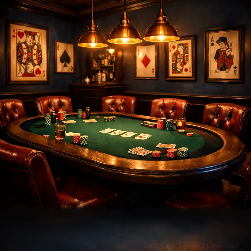 Salon de cartes privé avec table de poker ovale en feutre vert, chaises en cuir et éclairage tamisé