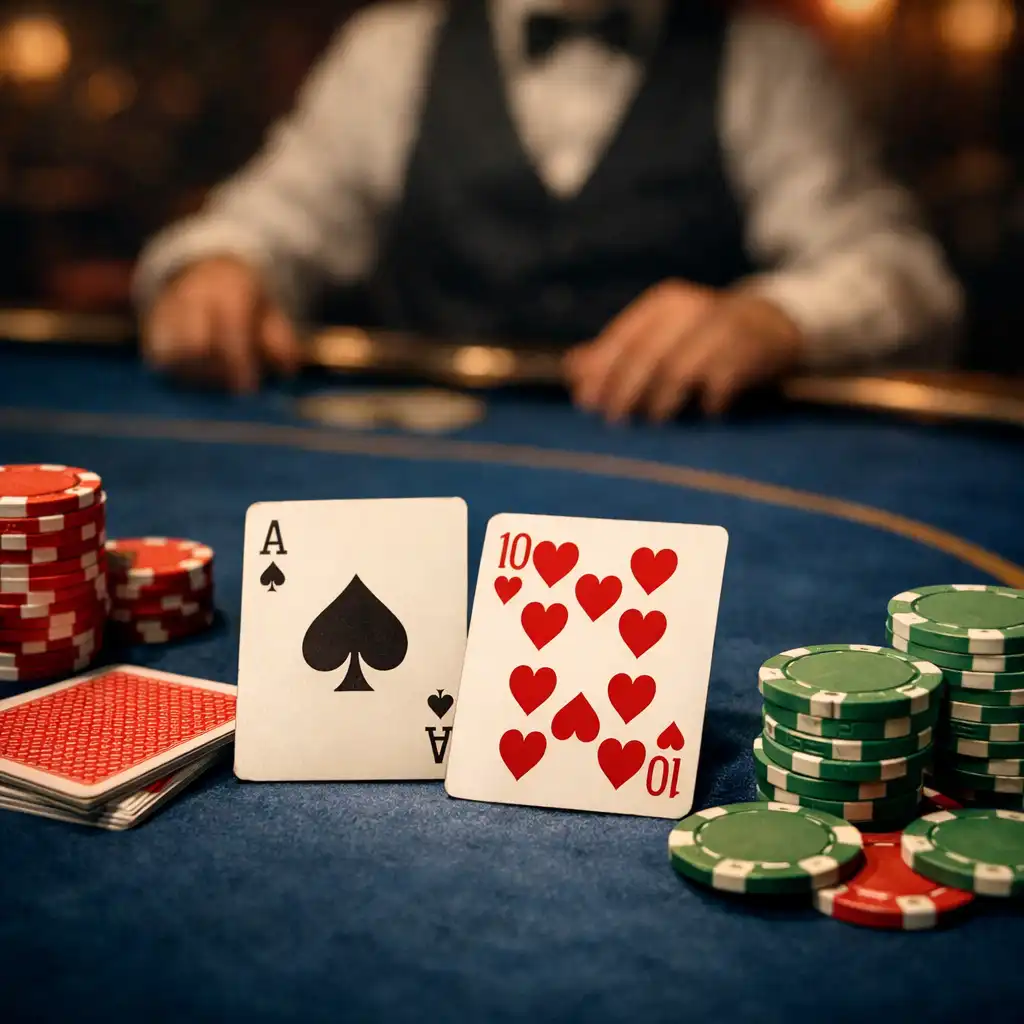 Gros plan sur une table de poker professionnelle avec cartes, jetons rouges et verts et dealer en arrière-plan flou